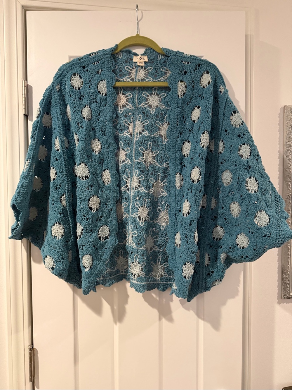 POL Crochet Openwork Cardigan in Teal and Cream